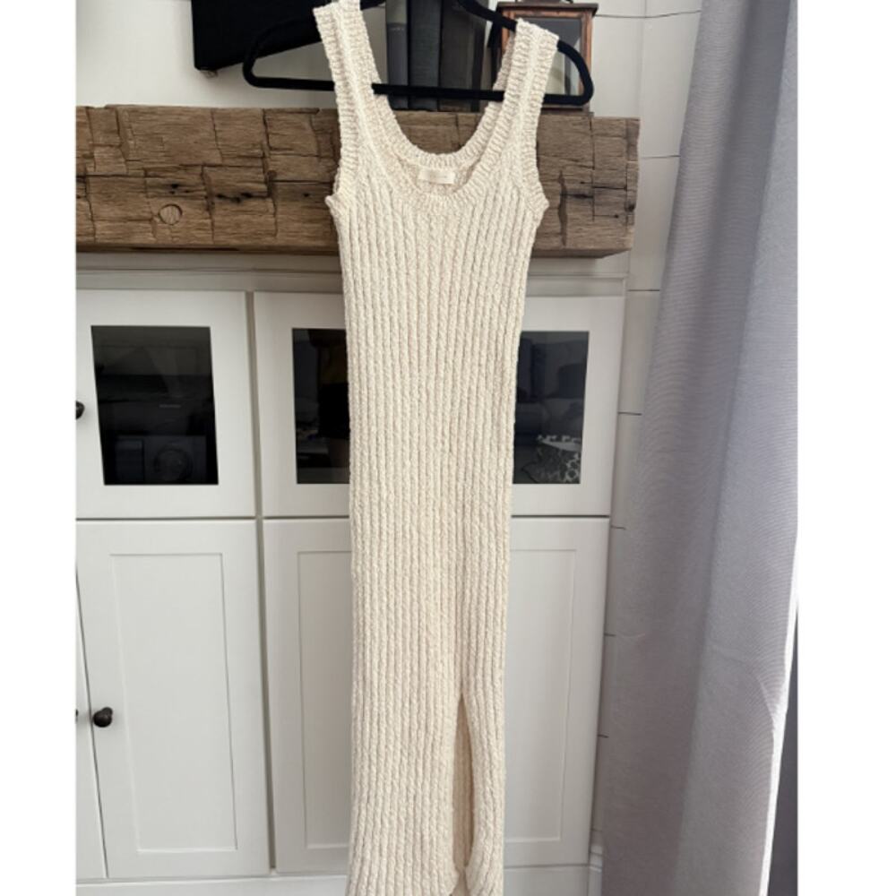 All:Row Cream Ribbed Knit Bodycon Maxi Dress Sz M 100% Cotton Side Slit